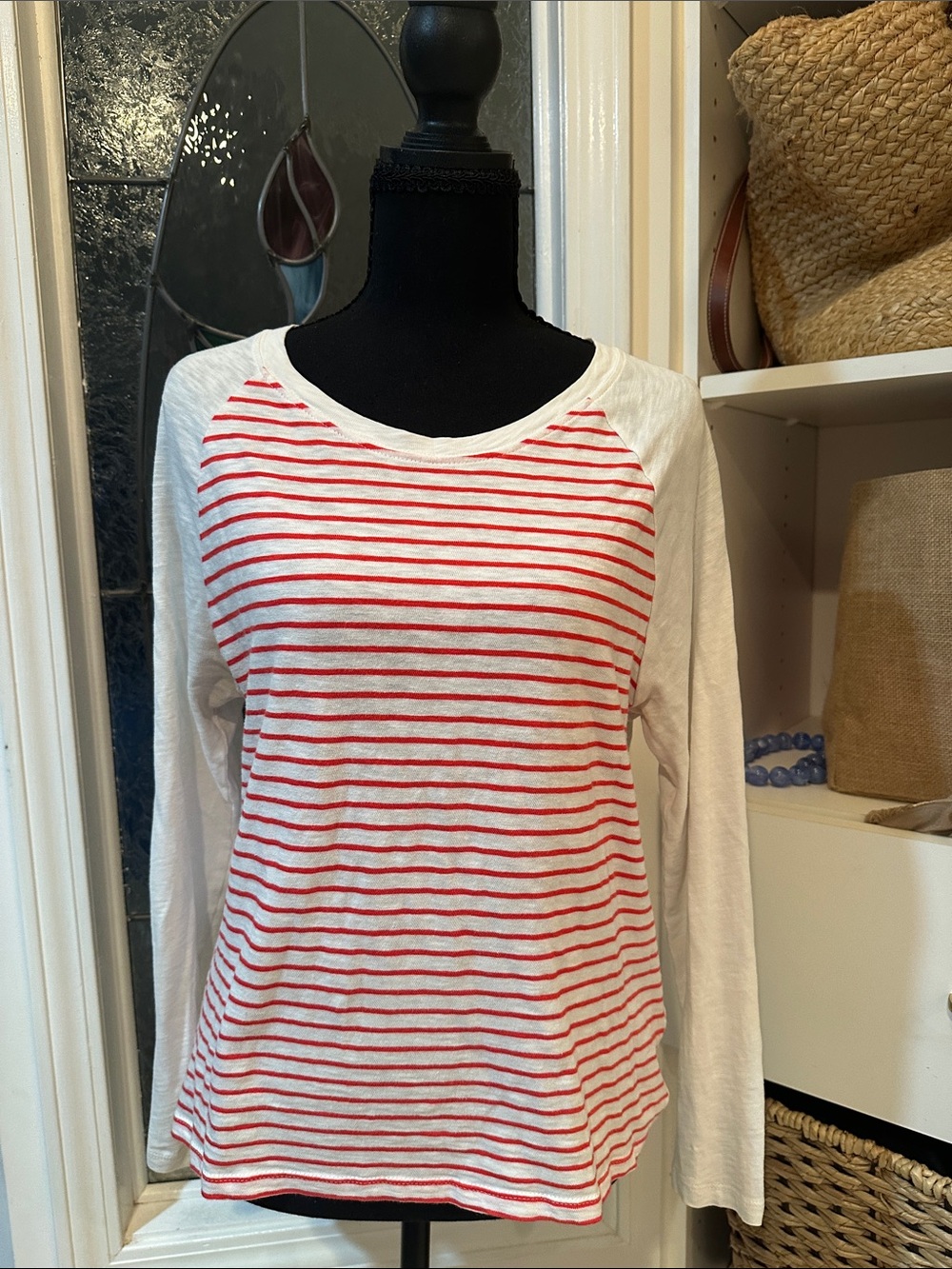 J. Crew Red and Cream Striped Raglan Long Sleeve Tee
